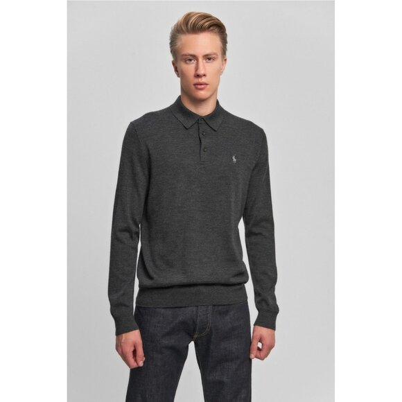 VTG POLO Ralph Lauren Lambswool Sweater Mens Sz XL Black Purple Pony 1/4 Button - Picture 1 of 12